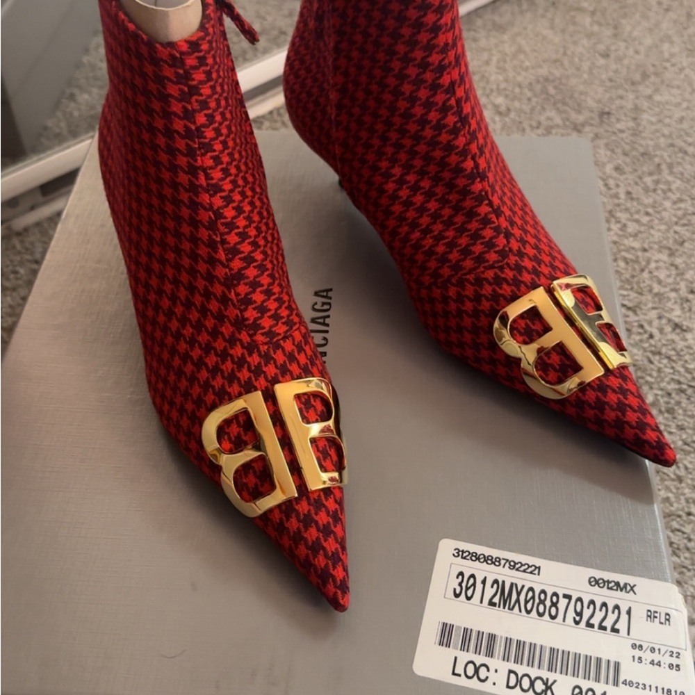 Balenciaga Red Houndstooth Women's Ankle Boots